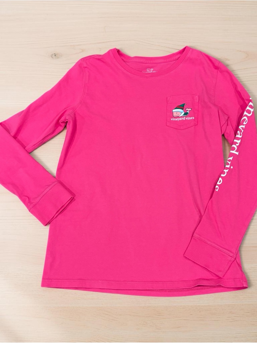 Vineyard Vines Girls' Hot Pink Long-Sleeve Christmas Pocket Tee in Cotton Size L